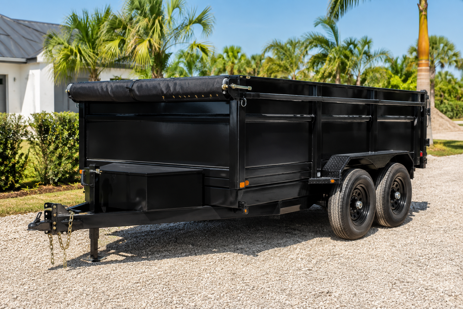 Black 14.5 cubic yard dump trailer available for rent in Port St. Lucie